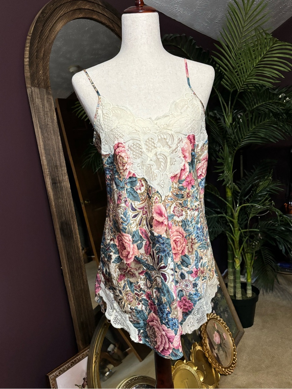 Floral Lace Trim Slip Top in Pink & Blue